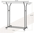 Clothing Rack, Heavy Duty Clothes Racks with Wheels and Bottom Shelf, 52.36’’ Metal Double Clothing Racks with Wheels, Wardrobe Rack for Hanging Clothes, Coats, Shirts, Skirts, Dresses, Black