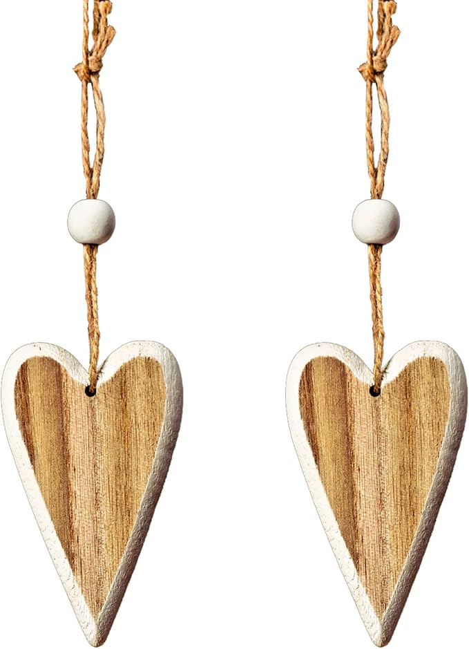 Sun&Beam Heart-Shaped Wooden Decorative 2Pcs Hanging Handmade Hearts Ornaments for Wedding Party Valentine Christmas Home Decoration Car Décor (S-#4, 2Pcs)