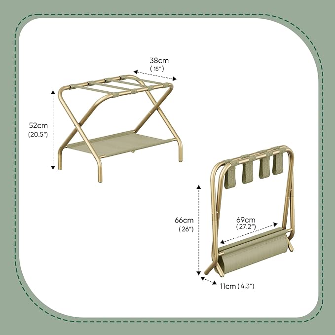 Set of 2 Luggage Rack for Guest Room, Folding Suitcase Stand with Shoe Shelf, Easy Assembly, Portable, Hold up to 110 lb, Gold