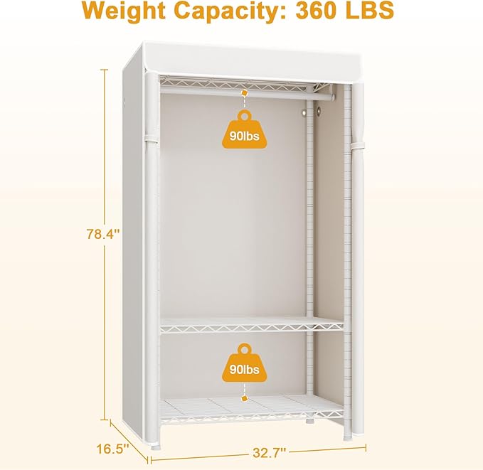 H5C Clothes Rack with Cover, Portable Closet for Hanging Clothes, Covered Clothing Racks Heavy Duty, Freestanding Garment Racks with Shelves Max Load 360LBS White Closet Rack with White Cover