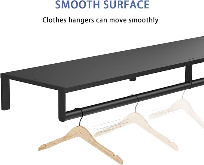 Wall Mounted Clothes Rack with Top Shelf, 46.5'' Industrial Clothing Rack Heavy Duty, Metal Shelf with Hanging Rod, Garment Rack Laundry Room Shelves, Space Saving