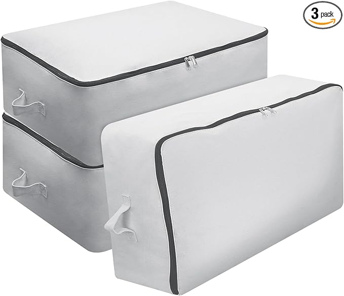 Omygarden Ultra Thick Fabric Clothes Canvas Storage Bag Foldable Closet Organizer Bag with Reinforced Handle Sturdy for Sweaters, T-shirts, Blankets, Coats, 3 Pack, Light Gray