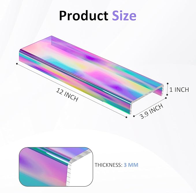 Sezanrpt Acrylic Shelf Riser 12x3.9x1 pack of 2, Iridescent Display Shelf 12” for Shoes, Glasses, Plants, Home Decors, Perfume, 12x3.9x1 Inch