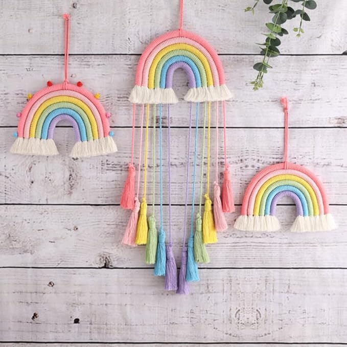 Hand-Woven Rainbow Dreamcatcher Rainbow Dreamcatcher Wall Hanging, Multicolor with Pink Tassels