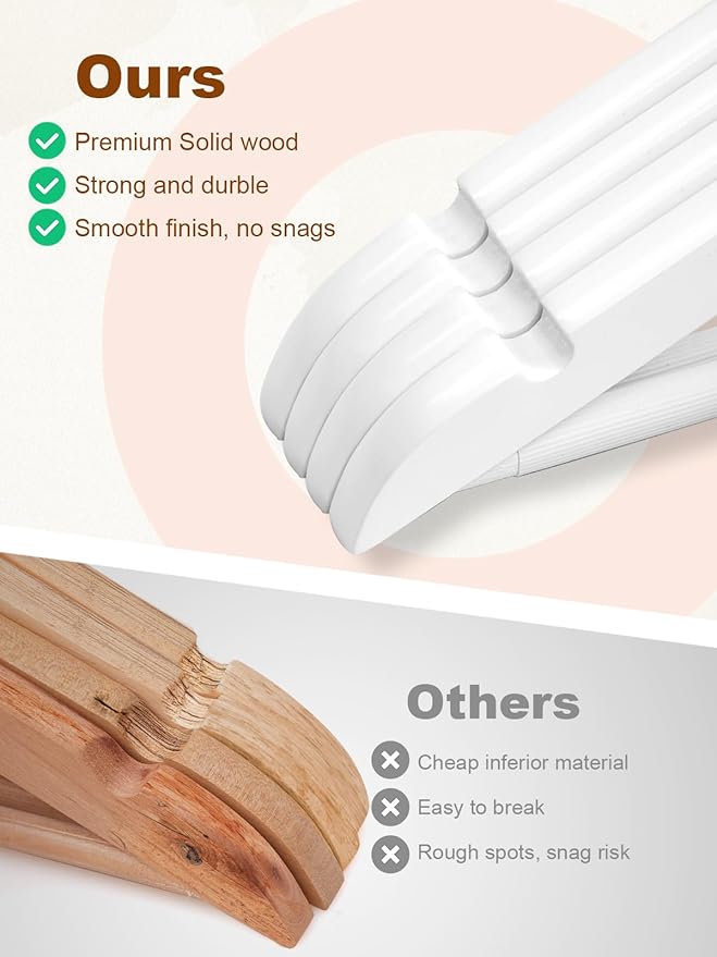 HOUSE DAY White Wooden Hangers 20 Pack, Solid Wood Hanger with Non Slip Pant Bar, Heavy Duty Wooden Coat Hanger for Closet, Smooth Finish Wood Clothes Hangers for Shirts, Suits Jackets, Dress