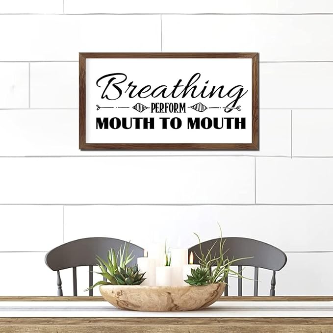 Family Lettering 12x22in Wood Framed Sign with Encouragement Quote Breathing Perform Mouth to Mouth Apricot Frame Wooden Plaque Housewarming Gift for Cottage Office Farmhouse Porch Wall Decor