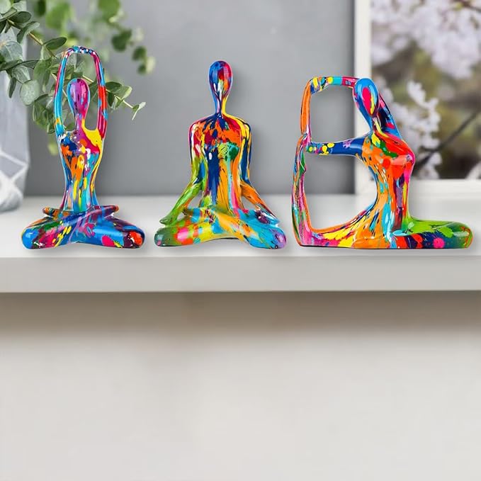 Colorful Abstract Yoga Figurines Set of 3 - Vibrant Graffiti Art Sculptures, Modern Home Decor Accents, Unique Gift for Yoga Lovers, Meditation Room & Living Room Shelf Desk Decor