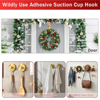 4 Pack Suction Cup Wreath Hanger, New No Drill Suction Cup Hooks for Door Wreaths, Reusable Holder for Glass Window, Door, Fall, Halloween, Christmas, Welcome Sign(Gold)