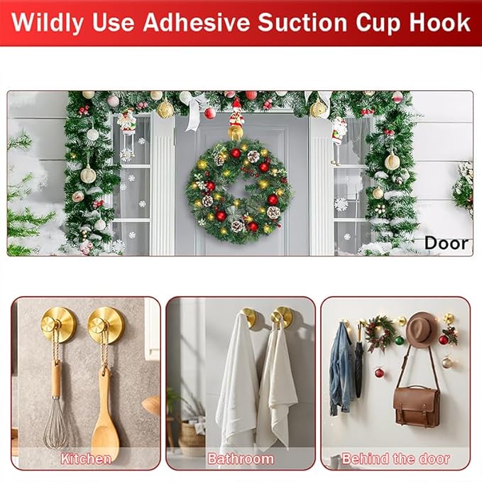 4 Pack Suction Cup Wreath Hanger, New No Drill Suction Cup Hooks for Door Wreaths, Reusable Holder for Glass Window, Door, Fall, Halloween, Christmas, Welcome Sign(Gold)