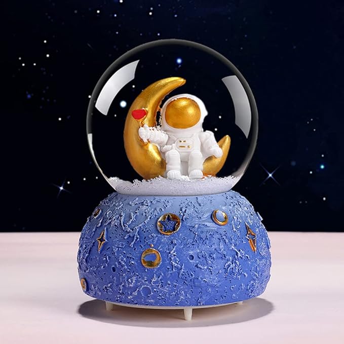 Astronaut Snow Globe Music Box, 80MM Musical Glitter Snow Globe with Color Changing LED Lights, Home Decor Birthday Gifts for Men Women Boys and Girls (Gold)