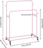 Laiensia Double Rods Garment Rack with Wheels, Clothing Rack for Hanging Clothes,4 Hooks, Multi-Functional Bedroom Clothes Rack, Pink