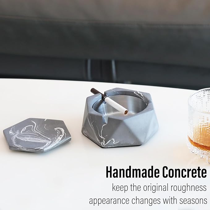FREELOVE Concrete Ashtray with Lid & Stainless Steel Ashtrays for Cigarettes, Cement Ash Tray Smoking Holder Indoor Smokeless Outdoor Windproof Patio Home Office Cool Decor(Grey-White, Small)