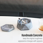 FREELOVE Concrete Ashtray with Lid & Stainless Steel Ashtrays for Cigarettes, Cement Ash Tray Smoking Holder Indoor Smokeless Outdoor Windproof Patio Home Office Cool Decor(Grey-White, Small)