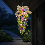 24 Inch Pre-lit Spring Summer Teardrop Swag for Front Door Battery Operated with Timer Rustic Country Decor with Roses Daisies Wildflower Burlap & Lace Bow for Farmhouse Home Decor