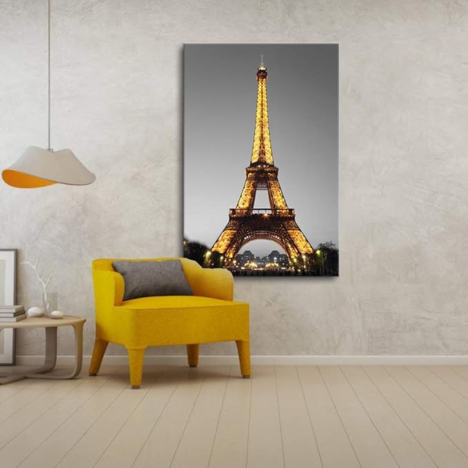 DekHome Paris Cityscape Canvas Wall Art Eiffel Tower at Night Canvas Picture Giclee Print Gallery Wrap Modern Home Decor Framed Ready to Hang 24"x36"