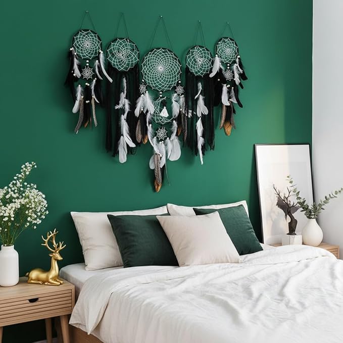 5 Pack Dream Catchers Boho Wall Decor Moon and Sun Feather Handmade Traditional Dream Catcher Wall Hanging Decor for Bedroom Living Room Home Halloween Decorations Witchy Gifts (Black Set)