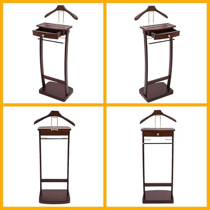 Clothes Valet Stand, Freestanding Wood Suit Stand w/ Drawer & Compartment, Contour Hanger, Trouser Bar, Belt Hooks, Shoe & Accessory Storage Rack for Home, Hotel, Office, 17.32*11.81*44.09in Walnut