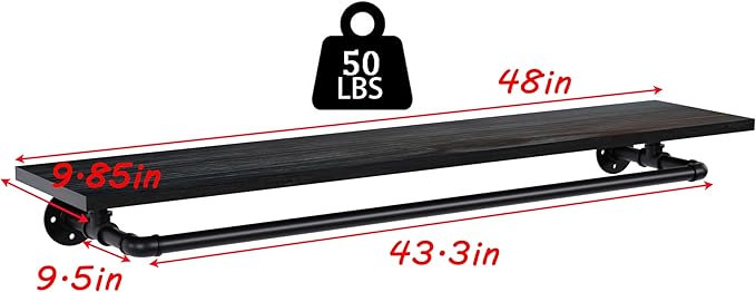 Black Clothes Rack 48in, Wall Mounted Garment Rack with Real Wood Shelf, Heavy Duty Hanging Clothes Rack, Multi-Purpose Hanging Rod, Space-Saving Closet Storage