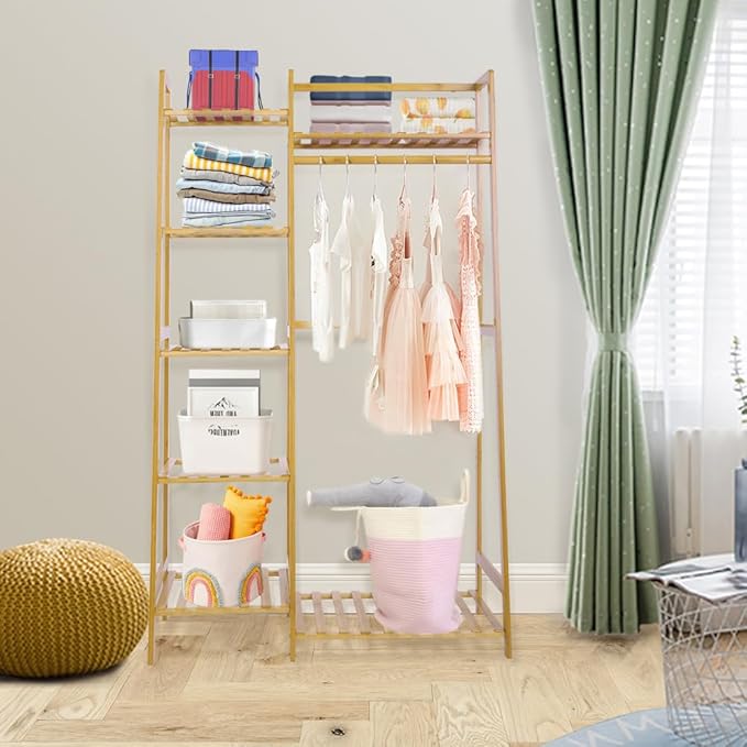 Bamboo Clothes Rack with 7 Tier Storage Shelves Clothing Hanging Stand for Small Spaces Children's Wardrobe Closet, Multifunctional Plant Stand
