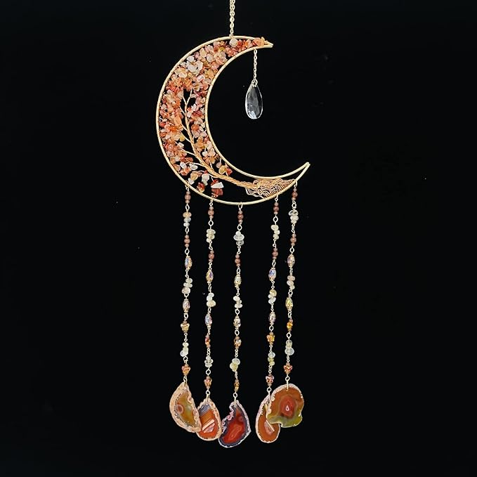 Agate Moon Dream Catchers with Crystal 7 Chakra Gemstone Dream Catchers Color Natural Gem Agate Wall Hangings Room Garden Dreamcatchers Decor (Orange)