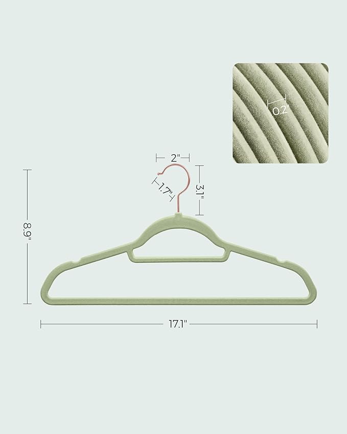 SONGMICS Velvet Hangers, Set of 50 Clothes Hanger with Rose Gold Swivel Hook, Non-Slip, and Space-Saving, 0.2-Inch Thick, 17.1-Inch Long for Coat, Shirt, Dress, Pants, Tie, Lime Green UCRF021GR50