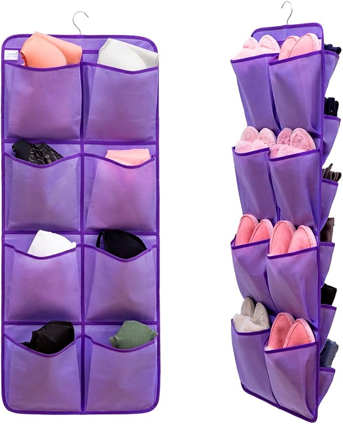 Dual Sided Hanging Closet Organizer Shoe Rack Holder with 26 Large Pockets (Purple)