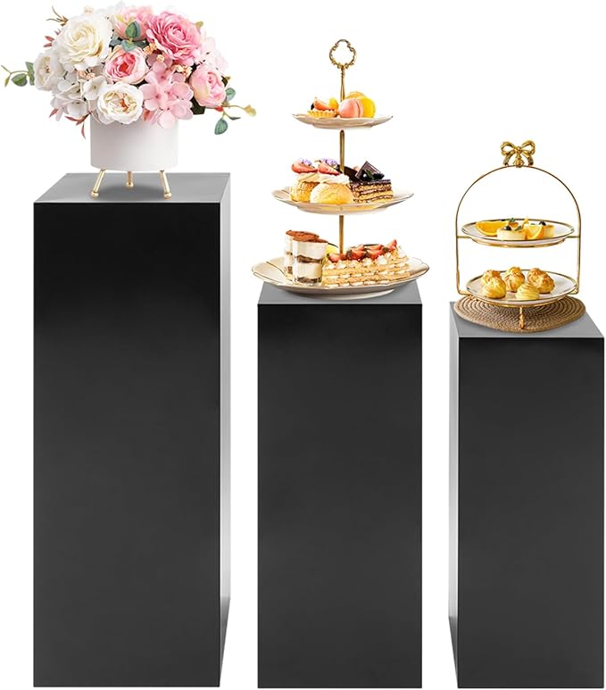 3 PCS Display Pedestal Stand, Metal Display Pedestal Stands Decoration Cube Sculpture Displays Column Square Displays Stands Pillars for Wedding Party Baby Shower Birthday (Black, 3PCS)