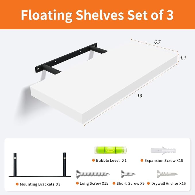 Upassion White Floating Shelves - Set of 3, 16" Wall Mounted Shelves for Home Decor, Living Room, Bedroom, Bathroom, Kitchen
