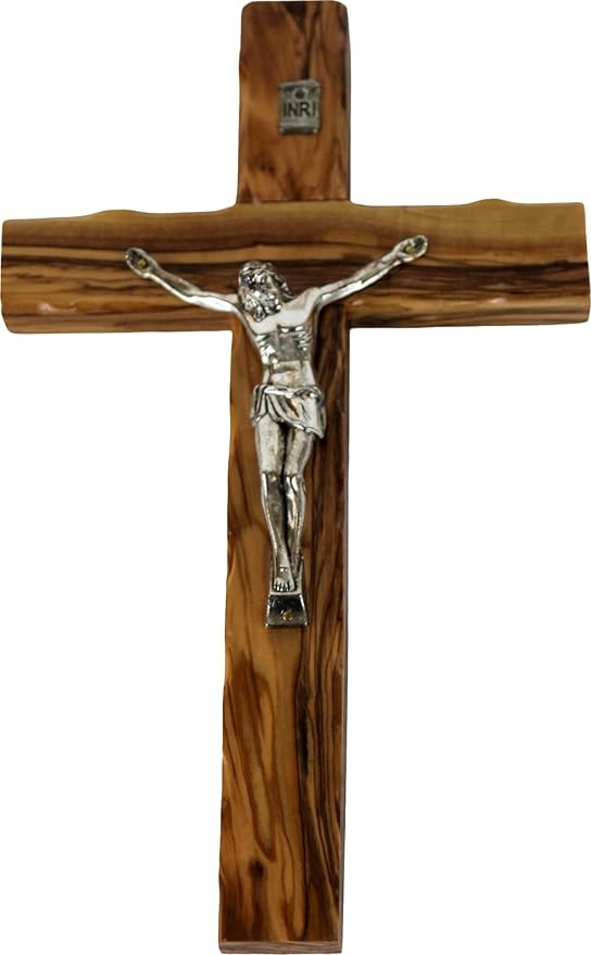 Holy Land Market Olive Wood Cross 10 Inch Crucifix - Hand Carved Catholic Wall Decor from Bethlehem, Home Decor with Certificate & Lord's Prayer Card, Supports Christians in Holy Land