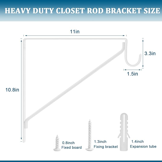 4PCS Heavy Duty White Closet Rod Brackets 11 x 11 Inch,1-3/8Inch Diameter Shelf and Rod Bracket Holder for Home and Closet Decor, Wall Mount Closet Pole Supports Bracket Hook with Screws