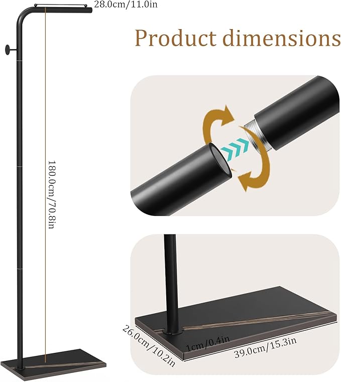 OUTBROS Coat Rack, Portable L-shaped Clothes Rack with Hook, Modern Hanger, Sturdy Freestanding Metal Clothing Rack, Used in Bedroom, Entrance and Living Room, 15.3 x 10.2 x 70.8 inch, Black