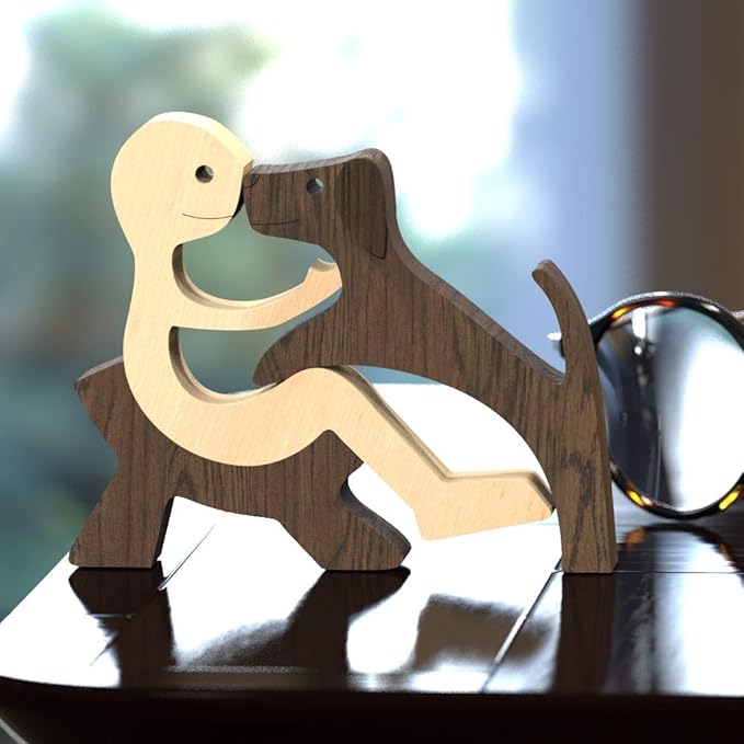 ISHINE Handmade Wood Decor Sculptures, Sitting Man and Dog Statue, Carved Creative Home Office Gift Decoration Natural ECO Friendly