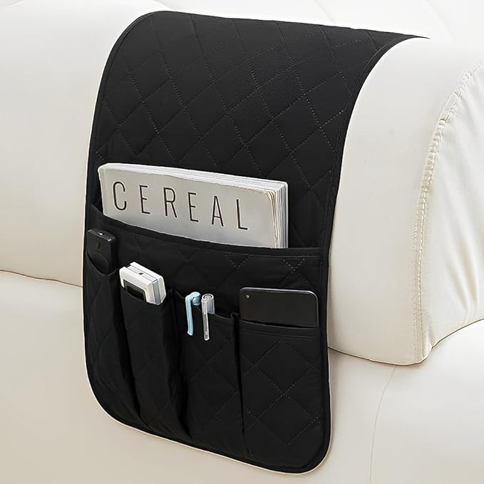 RETON Sofa Armrest Organizer with 5 Pockets, Non Slip Remote Control Caddy with 8 Pieces of Hook and Loop Fasteners, Armchair Caddy Holder Storage for Magazine Recliner Book TV Phone (Black)