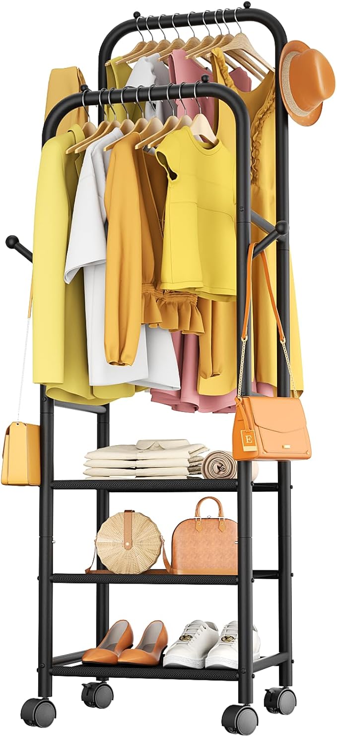 Furologee Clothing Racks for Hanging Clothes, Portable Rolling Garment Rack, Sturdy Metal Freestanding Clothes Rack with Wheels, Double Rods Wardrobe Racks for Bedroom Laundry Living Room