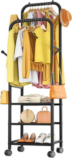 Furologee Clothing Racks for Hanging Clothes, Portable Rolling Garment Rack, Sturdy Metal Freestanding Clothes Rack with Wheels, Double Rods Wardrobe Racks for Bedroom Laundry Living Room