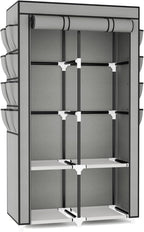 Portable Closet for Hanging Clothes, Portable Wardrobe Closet with Cover, 4 Storage Shelves, 2 Hanging Rods and 8 Side Pockets, Easy Assembly and Sturdy Free Standing Closet for Bedroom, Grey