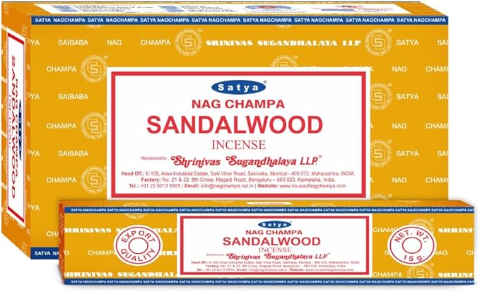 Satya Sandalwood Incense Sticks – 12 Box Value Pack – Hand-Rolled in India – Calming & Earthy Aroma