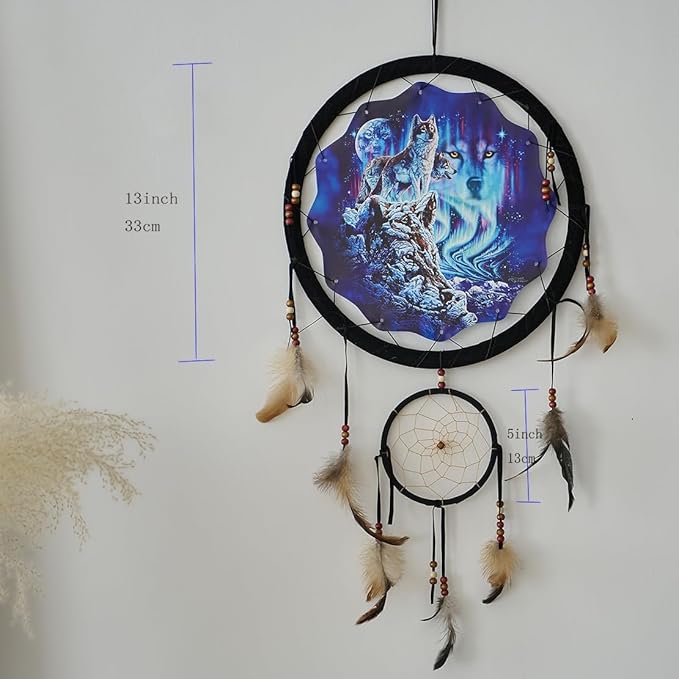 Remorelt 3PCS/Set Large Size Dream Catcher Wolf & Eagle Pattern Hanging Decor, Native American Style Ornament for Home, Dorm, Car,Wolf Decor Wolf Gifts for Wolf Lover(DC04 13Inch Set 3 Mix)
