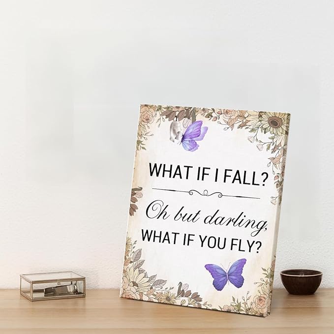 Inspirational Purple Butterfly Wall Art Decor, What If You Fly Motivational Quote Canvas Painting Artwork Picture Posters for Teens Room Bedroom Office (11.5 X 15 Inches, Framed)