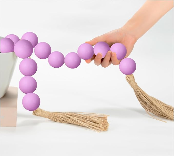OMISHE Extra Large Wood Bead Garland Purple with 1.6" Diameter Wooden Beads and Tassels, 41" Long Rustic Farmhouse Country Decorative Beads for Home Tiered Tray Decor, Purple