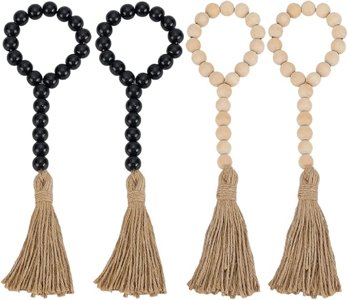 PH PandaHall 4pcs Wood Bead Garlands 12.6 Inch Decorative Wooden Hanging Bead Garland with Tassels for Vase Door Knob Hanging Ornaments Farmhouse Dector, Black/Natural Wood