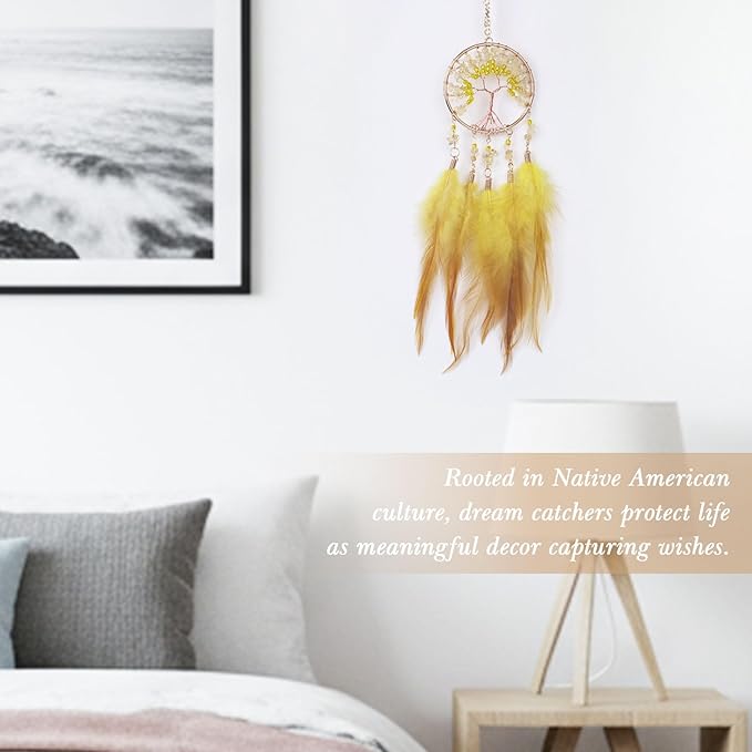 Pretty Jolly Small Tree of Life Crystal Stone Dream Catchers Yellow Feathers Mini Dreamcatchers for Cars Rear View Mirror Hanging Decoration Good Luck Travel Charm Bedroom Ornaments for Women Girls