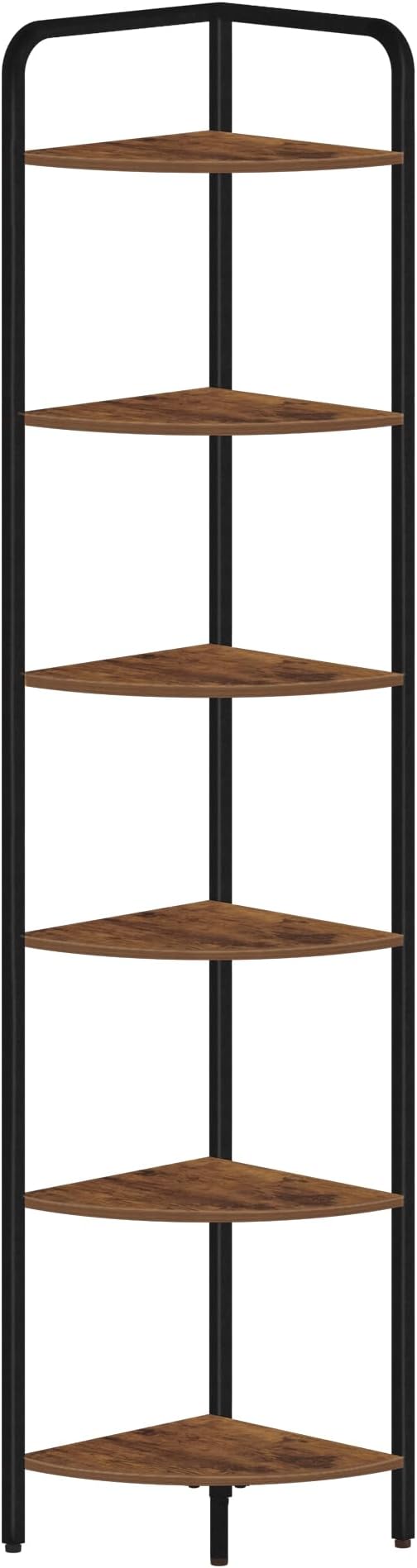 Hzuaneri Corner Shelf Stand, Corner Bookshelf, Plant Shelf, Corner Display Rack, Standing Shelf with Metal Frame for Living Room, Bathroom, Kitchen, Industrial Style, 6 Tier Rustic Brown CS06601B