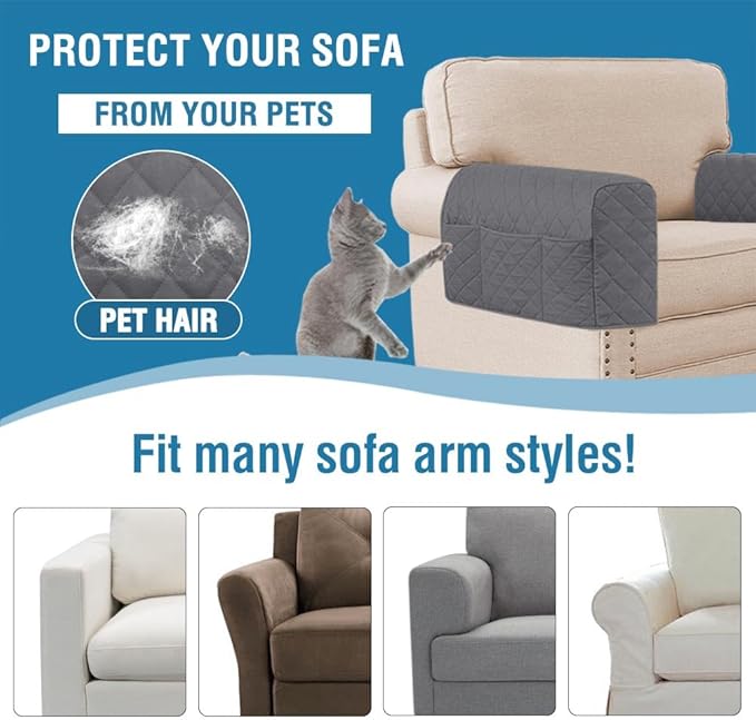H.VERSAILTEX Couch Arm Covers Water Resistant Armrest Covers for Sofa Remote Control Holder Sofa Armrest Organizer for Magazine, Tablet, Phone, iPad(Set of 2, Gray/Beige)
