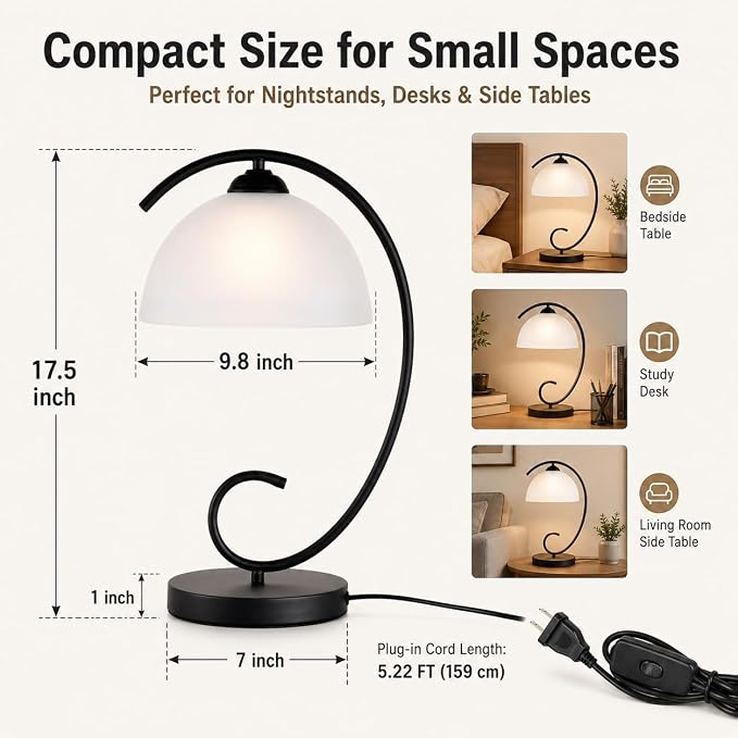 Modern Bedside Table Lamp with Frosted Glass Dome Shade, Sand Black Metal Base, E26 Socket, Plug-in with On/Off Switch for Bedroom, Living Room – No Bulb Included