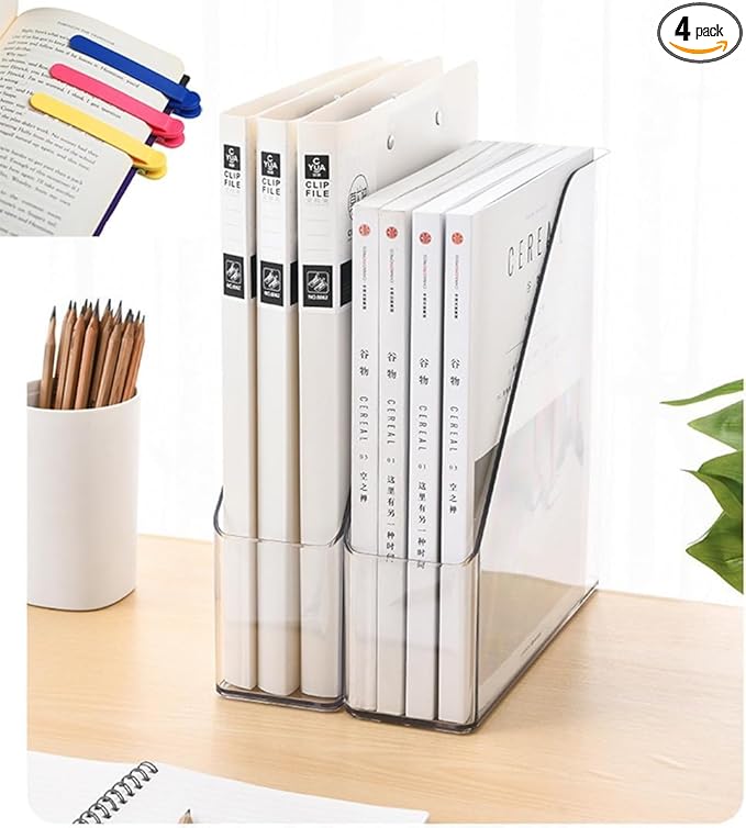 4-Pack Acrylic Vertical Magazine Holder & Book Organizer Clear Desktop File Storage Rack for Office/Home, Includes 3 Silicone Bookmarks (Space-Saving Design)