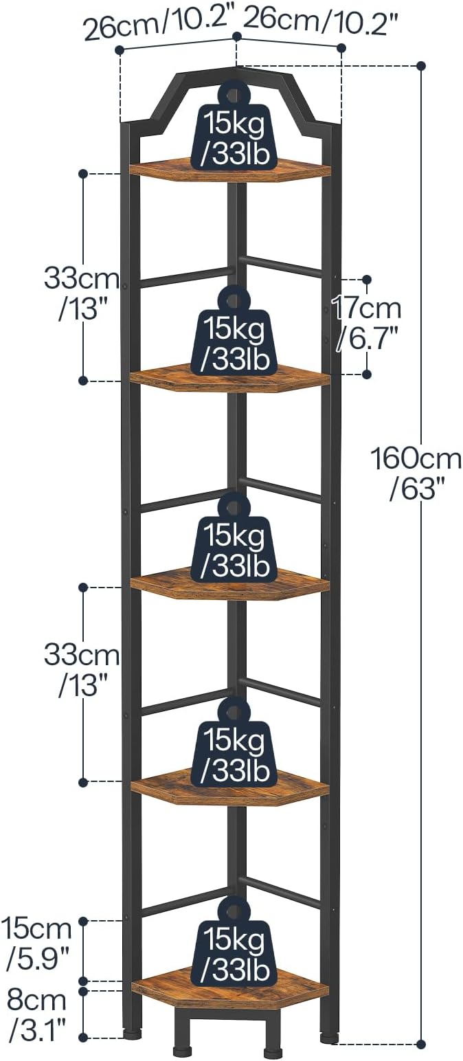 HOOBRO Narrow Corner Shelf Stand, 5-Tier Corner Shelf, 63” Tall Multipurpose Corner Bookshelf, Standing Display Shelf Plant Stand, for Living Room, Study, Kitchen, Rustic Brown and Black BF100CJ01