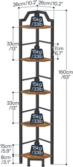 HOOBRO Narrow Corner Shelf Stand, 5-Tier Corner Shelf, 63” Tall Multipurpose Corner Bookshelf, Standing Display Shelf Plant Stand, for Living Room, Study, Kitchen, Rustic Brown and Black BF100CJ01