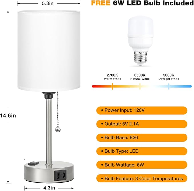 White Bedside Lamp for Bedroom - 3 Color Temperatures Desk Lamp with USB C and A Ports, Pull Chain Table Lamp with AC Outlet, Nightstand Lamp with Silver Metal Base for Kids Girls