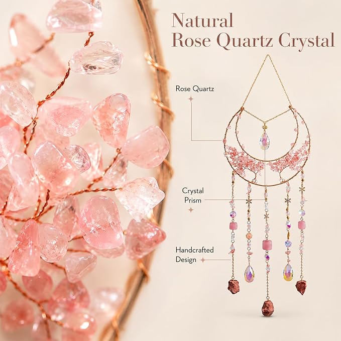 AWLEE Crystal Dream Catcher Pink, Boho Moon Dream Catchers for Adults Girls, Handmade Crystal Dreamcatcher Wall Hanging for Bedroom Living Room Window Garden Décor
